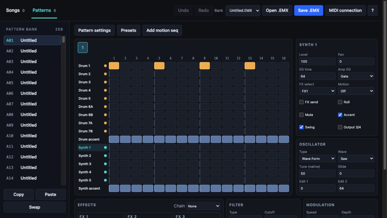 EMiX interface: pattern sequencer with drum and synth tracks.
